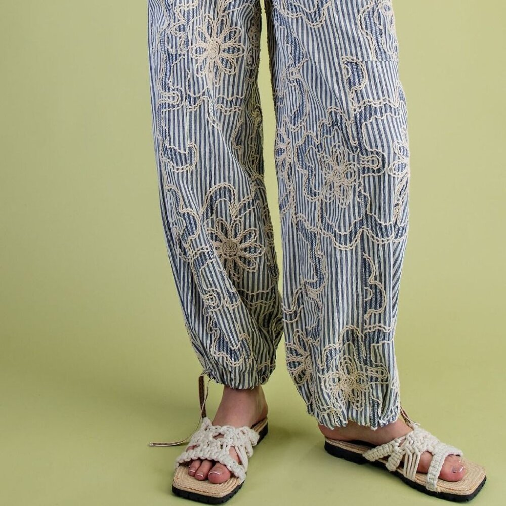 E20 EASEL EMBROIDERY STRIPED WOVEN PANTS IN DENIM BLUE - Picture 3 of 7